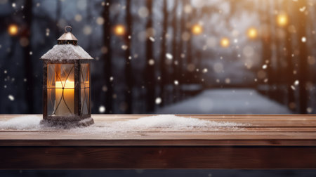 Mock up with Christmas lantern on blurred winter snowy background. Christmas and New Year decoration, background for presentation or showcaseの素材