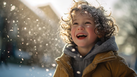Happy kid wearing warm clothes plays outdoors with snow in winter. Christmas and New Year moodの素材
