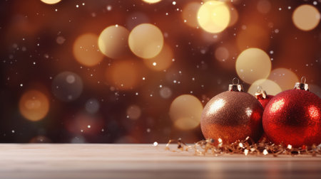 Mock up with empty desk and ball toys on blurred winter snowy background. Christmas and New Year decoration, background for presentation or showcaseの素材