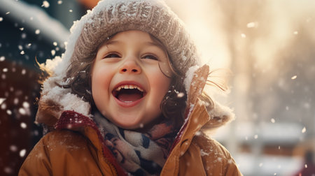 Happy kid wearing warm clothes plays outdoors with snow in winter. Christmas and New Year moodの素材
