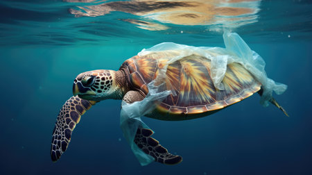Sea turtle trapped in plastic bags. Environmental pollution problem of rubbish and trash in the oceans and seasの素材
