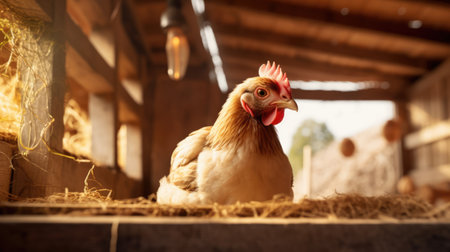 Chicken on blurred wooden barn background. Organic and eco farm conceptの素材