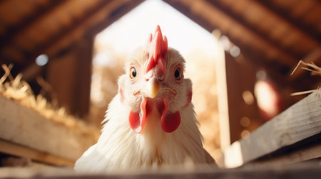 Close up of chicken on blurred wooden barn background. Organic and eco farm conceptの素材