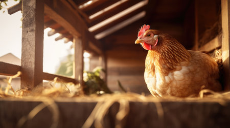 Chicken on blurred wooden barn background. Organic and eco farm conceptの素材