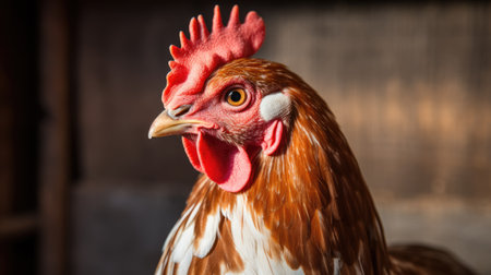 Close up of chicken on blurred wooden barn background. Organic and eco farm conceptの素材