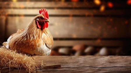 Chicken on blurred wooden barn background. Organic and eco farm conceptの素材