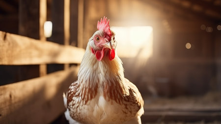 Chicken on blurred wooden barn background. Organic and eco farm conceptの素材