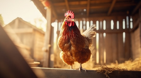 Chicken on blurred wooden barn background. Organic and eco farm conceptの素材