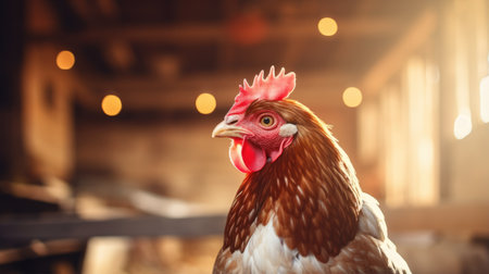 Close up of chicken on blurred wooden barn background. Organic and eco farm conceptの素材