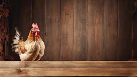 Chicken on blurred wooden barn background. Organic and eco farm conceptの素材