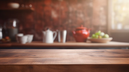 Mock up with an empty wooden table on blurred kitchen background. Backdrop for product presentation or showcaseの素材