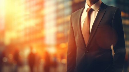 Businessman in a suit on blurred background. Business concept banner with free place for textの素材