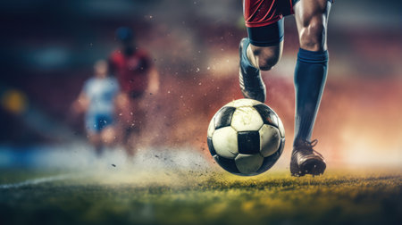 Soccer player kicking the ball on a soccer grass field in front of a blurred stadium. Sport concept backgroundの素材