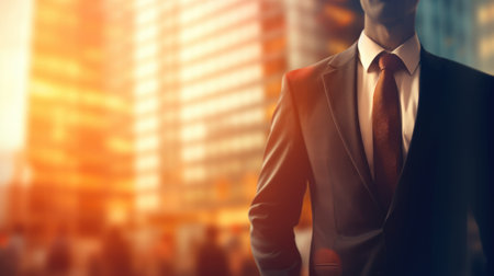 Businessman in a suit on blurred background. Business concept banner with free place for textの素材