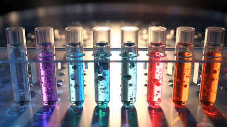 Glass reactor vessels in a chemical laboratory filled with colorful liquid. Science or medical backgroundの素材