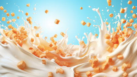 Cereals breakfast with milk splashes. food backgroundの素材