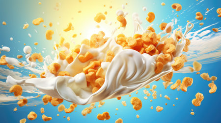 Cereals breakfast with milk splashes. food backgroundの素材