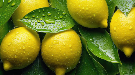 Wet fresh lemons, fruits background. Healthy foodの素材
