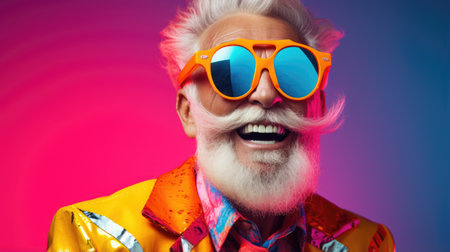 Smiling happy senior man in cool colorful neon outfit. Extravagant style, fashion concept backgroundの素材