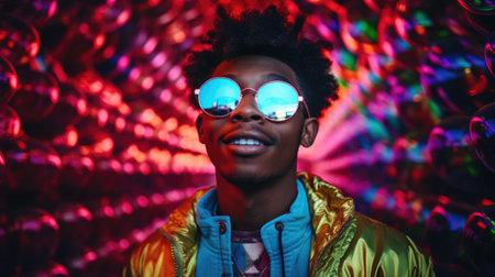 Smiling happy young man in cool colorful neon outfit. Extravagant style, fashion concept backgroundの素材