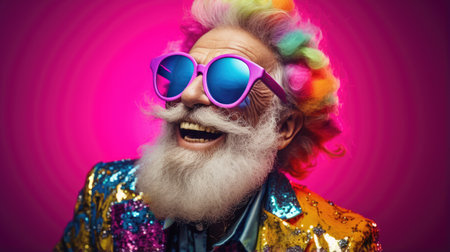 Smiling happy senior man in cool colorful neon outfit. Extravagant style, fashion concept backgroundの素材