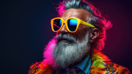 Smiling happy senior man in cool colorful neon outfit. Extravagant style, fashion concept backgroundの素材