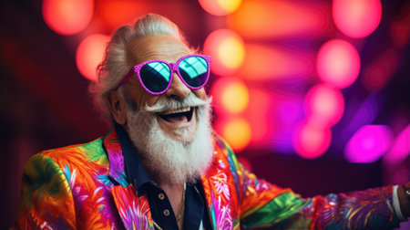 Smiling happy senior man in cool colorful neon outfit. Extravagant style, fashion concept backgroundの素材