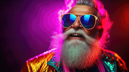 Smiling happy senior man in cool colorful neon outfit. Extravagant style, fashion concept backgroundの素材