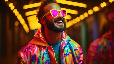 Smiling happy young man in cool colorful neon outfit. Extravagant style, fashion concept backgroundの素材