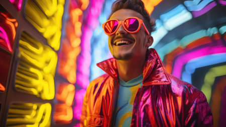 Smiling happy young man in cool colorful neon outfit. Extravagant style, fashion concept backgroundの素材