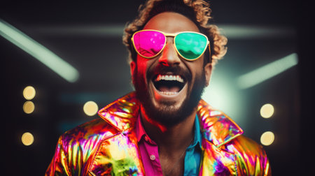 Smiling happy young man in cool colorful neon outfit. Extravagant style, fashion concept backgroundの素材