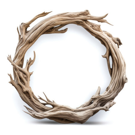 Round wreath wooden frame from driftwood isolated on white background. Boho rustic style, top viewの素材