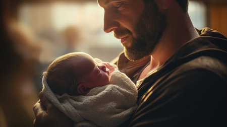 Happy young man holding newborn baby. Father hugging his child, fatherhood, parenting, family, childcare backgroundの素材