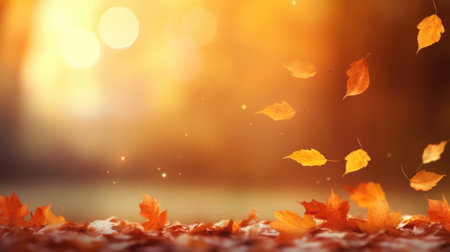 Beautiful autumn background with yellow, orange and red falling leaves, bokeh and sunshine. Banner with free place for textの素材
