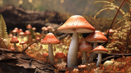 Background with fantasy magical mushrooms in the forestの素材