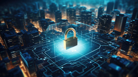Padlock over glowing abstract city background, cyber security concept bannerの素材