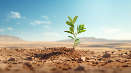One green plant growing among the empty desertの素材