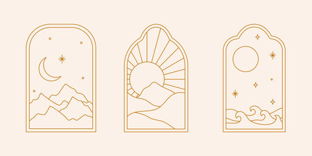 Vector set of linear boho frames with mountains, landscapes, deserts or sea. Travel emblems, symbols in trendy minimal bohemian and oriental style for social media, invitations, branding, storiesのイラスト素材
