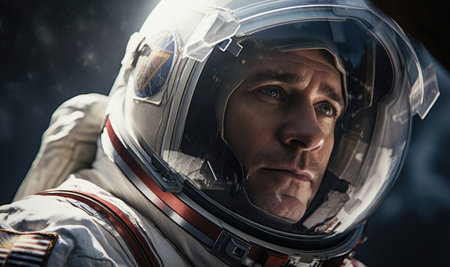 Close up shot of an astronaut wearing a spacesuit and helmetの素材