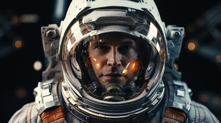 Close up shot of an astronaut wearing a spacesuit and helmetの素材