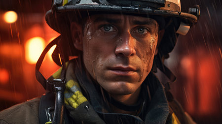 Close up shot of a firefighter wearing a protective suit and helmetの素材