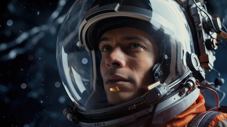 Close up shot of an astronaut wearing a spacesuit and helmetの素材