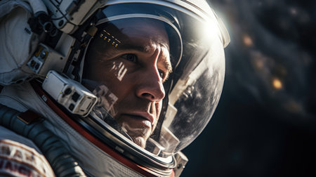 Close up shot of an astronaut wearing a spacesuit and helmetの素材