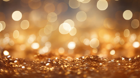 Decorative festive abstract golden glitters with blurred bokeh effect background. Christmas, New Year, holidays decoration bannerの素材