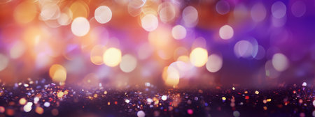 Decorative festive abstract purple glitters with blurred bokeh effect background. Christmas, New Year, holidays decoration bannerの素材