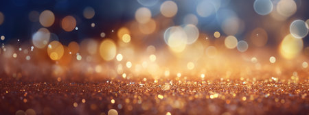 Decorative festive abstract golden glitters with blurred bokeh effect background. Christmas, New Year, holidays decoration bannerの素材