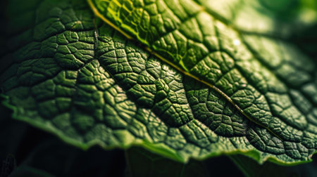 Close-up of a green leaf, structure and texture background with place for text. Concept of eco-friendly, ecology and healthy environmentの素材