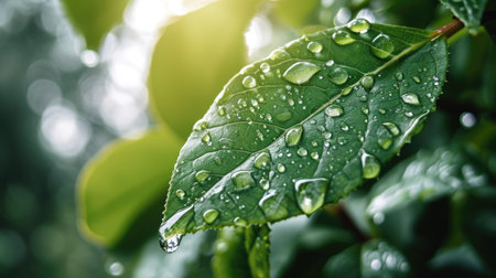 Close-up of a green leaf with water drops. Concept of eco-friendly, ecology and healthy environmentの素材