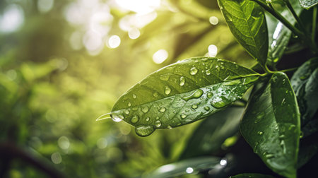 Close-up of a green leaf with water drops. Concept of eco-friendly, ecology and healthy environmentの素材