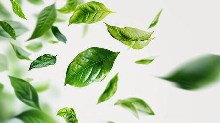 Green flying leaves isolated on white background. Fresh tea, air purifier, organic, vegan, eco or beauty product concept design bannerの素材